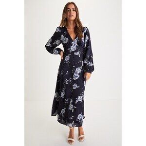 Lulus Beautiful Details Navy Blue Floral Long Sleeve Midi Dress - Size M